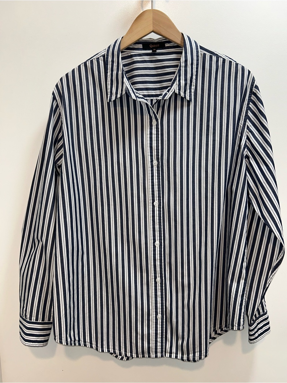 Quince organic cotton Navy and White Vertical Stripe Button-Down Shirt xl